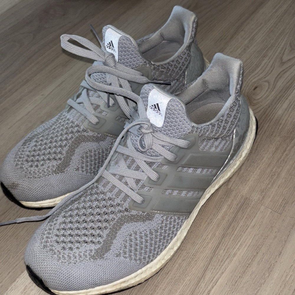 adidas Gray Athletic Shoes with Breathable Knit Fabric and Thick White Sole